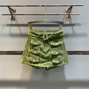 个性口袋拉链设计军绿色牛仔裙裤，女夏高腰a字显瘦假两件包臀短裙