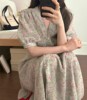 韩国chic复古夏季V领泡泡袖衬衫式雪纺连衣裙中长款碎花连衣裙