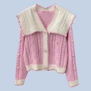 舞纤秋冬女装粉色娃娃，领宽松慵懒风外套，针织开衫上衣q056s013