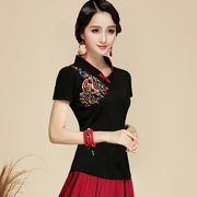 民族风女上衣夏季短袖黑色，v领刺绣，t恤日常复古改良版中国风女装