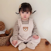 韩版童装男女宝宝小熊连体衣背带裤上衣套装婴儿衣服春秋两件套装