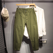 毒类时尚复古军绿色工装休闲裤，男士秋季百搭直筒水洗松紧腰长裤