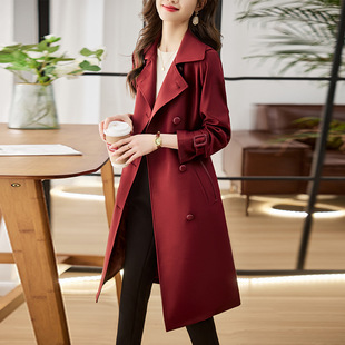 名牌高端品质酒红色风衣外套，女春季西装领洋气中长款时髦大衣