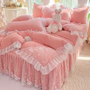 蕾丝床裙款床品四件套4粉色，床单被套韩版公主，风床上被罩韩式仙女