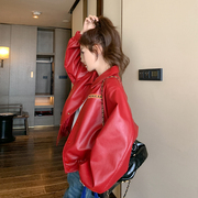 红色法式PU皮衣外套女春秋高级设计感港风复古chic机车飞行员夹克