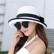 草帽女夏天防晒遮阳帽子，白色卷边女式沙滩时尚夏季女款海边太阳帽