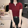 韩系胸前镂空上衣2024早春金属扣短袖酒红色t恤漂亮的打底衫小衫