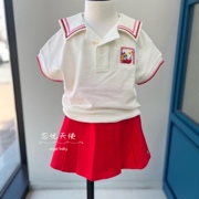 韩国童装夏女童(夏女童)宝，学院风小翻领，短袖t恤百褶裙套装兄妹装