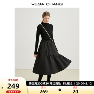 vegachang黑色连衣裙女2024春秋装拼接针织，显瘦高级感裙子