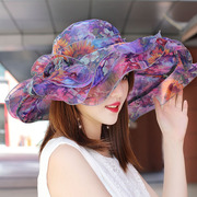 女夏天时尚遮阳防晒太阳帽子出游透气花朵欧根纱，大沿荷叶边沙滩帽