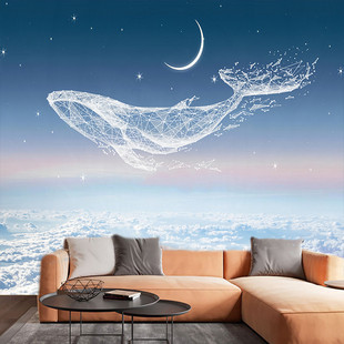 北欧几何鲸鱼墙布8d抽象电视，背景墙纸客厅沙发，壁画简约卧室壁布