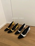 winsshoes韩系法式方头，拼色金色玛丽珍单鞋，通勤鞋职业高跟鞋银色