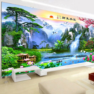 3d无纺布流水生财大型壁画5d客厅，沙发电视背景墙壁山水风景墙布8d