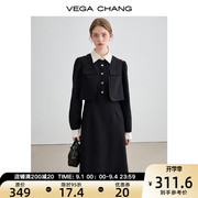 VEGA CHANG黑色显瘦连衣裙女秋装2023假两件高级感气质西装裙