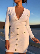 2024春季法式V领格纹白色针织长袖修身包臀短裙连衣裙女