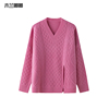 木兰唧唧粉色v领套头女毛衣，绞花中长款100纯羊毛毛衣针织上衣