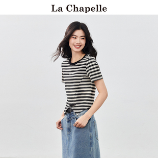 拉夏贝尔/La Chapelle黑白条纹短袖t恤女夏季修身显瘦圆领上衣