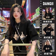 dangii美式复古中指短袖t恤女设计感小众宽松上衣，2024夏半袖(夏半袖)体恤