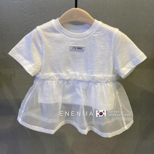 韩国童装2024夏装款女童拼接网纱短袖上衣儿童女，宝宝洋气宽松t恤