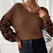 中东女装薄圆领，针织套头豹纹，毛衣womencasualknittingsweater