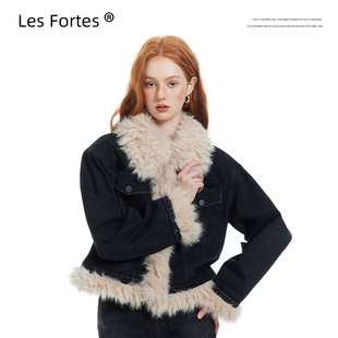 Les Fortes/22AW 原创设计毛领撞色牛仔夹棉外套复古短款秋冬棉衣