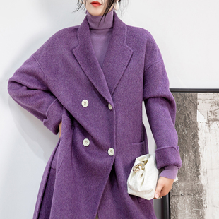 高级感紫色双面羊绒羊毛大衣，赫本风长毛绒收腰系带加厚毛呢外套