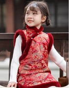 拜年服女童旗袍秋冬季儿童中式红色无袖连衣裙夹棉棉袄唐装中国风
