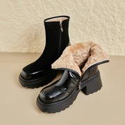 羊皮毛一体厚底雪地靴女东北大，棉鞋冬季高跟，厚毛保暖马丁短靴8cm
