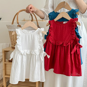 童装2024夏季女童中小童甜美洋气，提花背心荷叶连衣裙红色夏季裙子