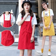 红色背带裙女夏季韩版宽松纯棉牛仔背带裙显瘦减龄学生半身裙短裙