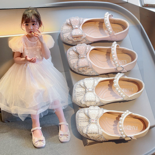 女童小皮鞋2024年春秋，儿童水钻蝴蝶结，公主鞋小女孩演出鞋单鞋