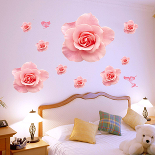 粉色玫瑰墙贴浪漫卧室客厅，电视背景装饰贴画，墙纸花朵蝴蝶贴纸自粘