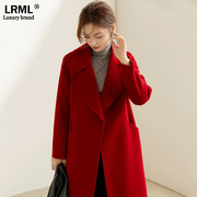 红色双面羊绒大衣女中长款秋冬季修身高端毛呢外套气质显瘦风衣