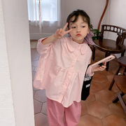 韩版童装2023春款女童粉色娃娃领蝙蝠袖娃娃衫上衣儿童九分袖衬衫