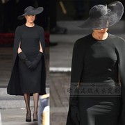 高端定制梅根王妃同款圆领黑色斗篷连衣裙女修身显瘦长款优雅时尚