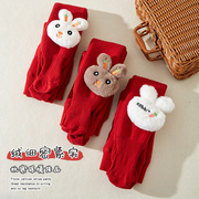 女童打底裤冬季中式红色兔子婴童棉羊羔绒，加厚新年卡通宝宝连裤袜
