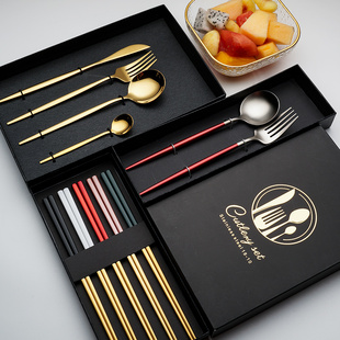 创意高档烫金叉勺盒装不锈钢筷子盒葡萄牙叉黑色彩盒