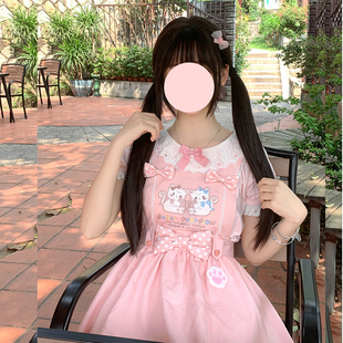 铭依记少女原创 甜心猫  女儿服短版可爱少女甜美背带裙套装夏季