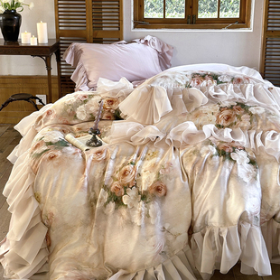 柔软天丝棉四件套公主花边被套丝滑裸睡床单法式复古印花床上用品