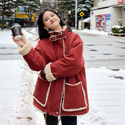 酒红色工装派克服女小个子2023冬韩版加厚保暖羊羔毛棉衣棉服