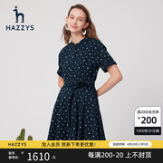 hazzys哈吉斯(哈吉斯)立领印花连衣裙，女士休闲时尚夏季短袖显瘦中长款裙子