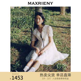 MAXRIENY蕾丝公主裙夏翻领雪纺连衣裙减龄高级感