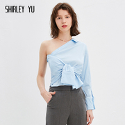 SHIRLEY YU欧美性感露肩衬衫蓝白单肩个性不对称打结棉质上衣女