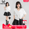 keiko法式不规则大翻领短袖，衬衫女2024夏季简约设计白色上衣