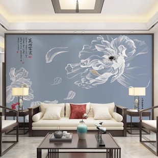 8古典山水荷花壁纸新中式，壁画茶艺馆直播间背景，墙布客厅装饰墙纸