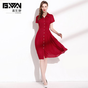 夏季2023女装翻领短袖气质纽扣开衫红色亮丝雪纺连衣裙高级感