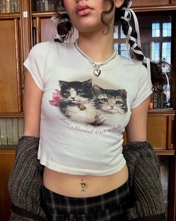 minga23春季复古可爱少女小猫咪图案，圆领修身短款t恤短袖上衣