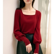 红色灯笼袖针织衫女2023秋冬高级感方领短款毛衣内搭女打底衫上衣