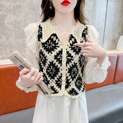 雪纺上衣女秋装2023法式荷叶边拼接假两件衬衫长袖短款针织衫