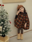 韩版冬装女童格子斗篷毛呢大衣儿童尖尖帽披风加厚夹棉外套中大童